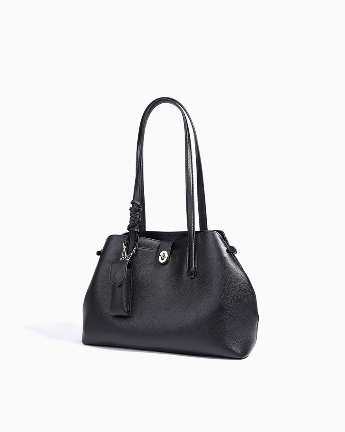 Side view of the Elegant Genuine Leather Black Bucket Tote Bag with Spacious Interior and Detachable Leather Lipstick Pouch