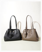 Elegant Genuine Leather Black and Beige-Gray Tote Bucket Bags with Spacious Interior and Detachable Leather Lipstick Pouch