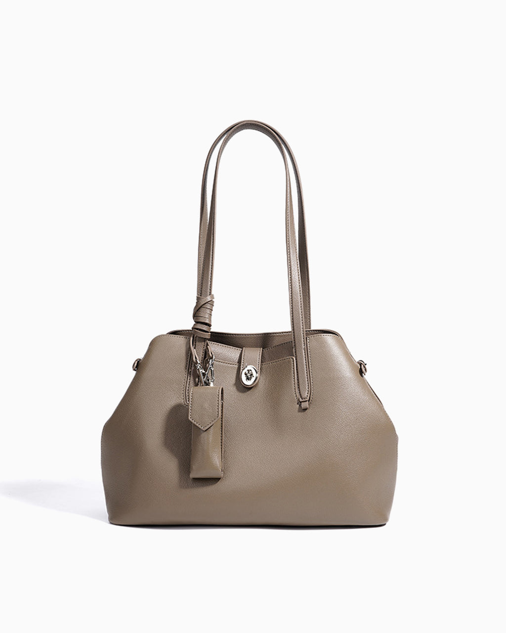 Women's Elegant Genuine Leather Beige Gray Tote Bucket Bag with Spacious Interior, Stylish Knot Detail, and Detachable Leather Lipstick Pouch