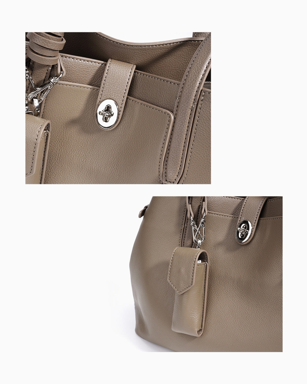 Leather texture and hardware details of the Women's Elegant Genuine Leather Beige Gray Bucket Tote Bag with Spacious Interior and Detachable Leather Lipstick Pouch