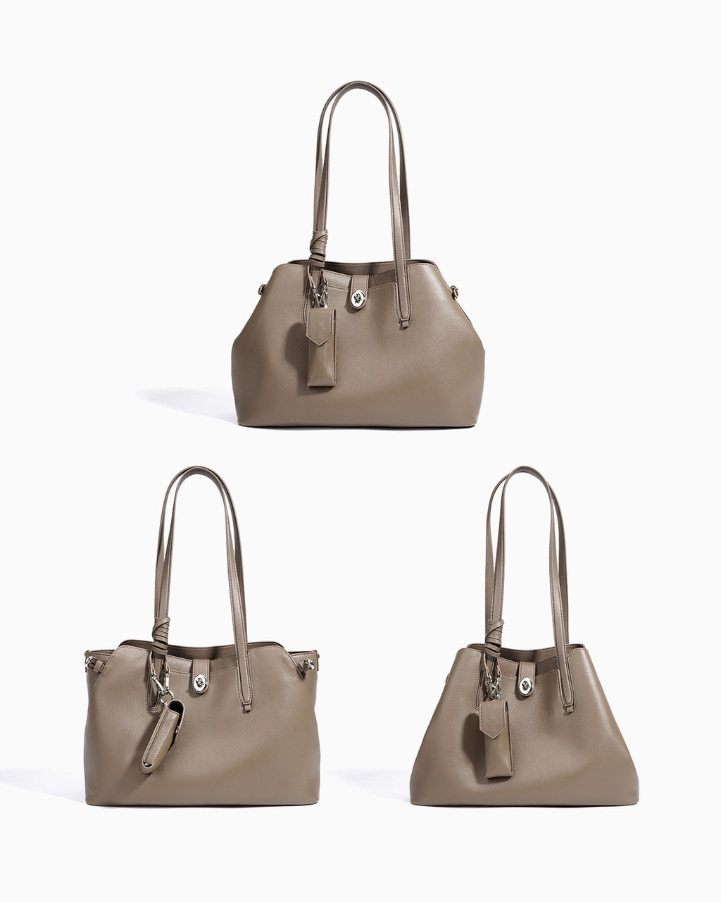 Folding Options of the Elegant Genuine Leather Beige Gray Bucket Tote Bag with Spacious Interior and Detachable Leather Lipstick Pouch