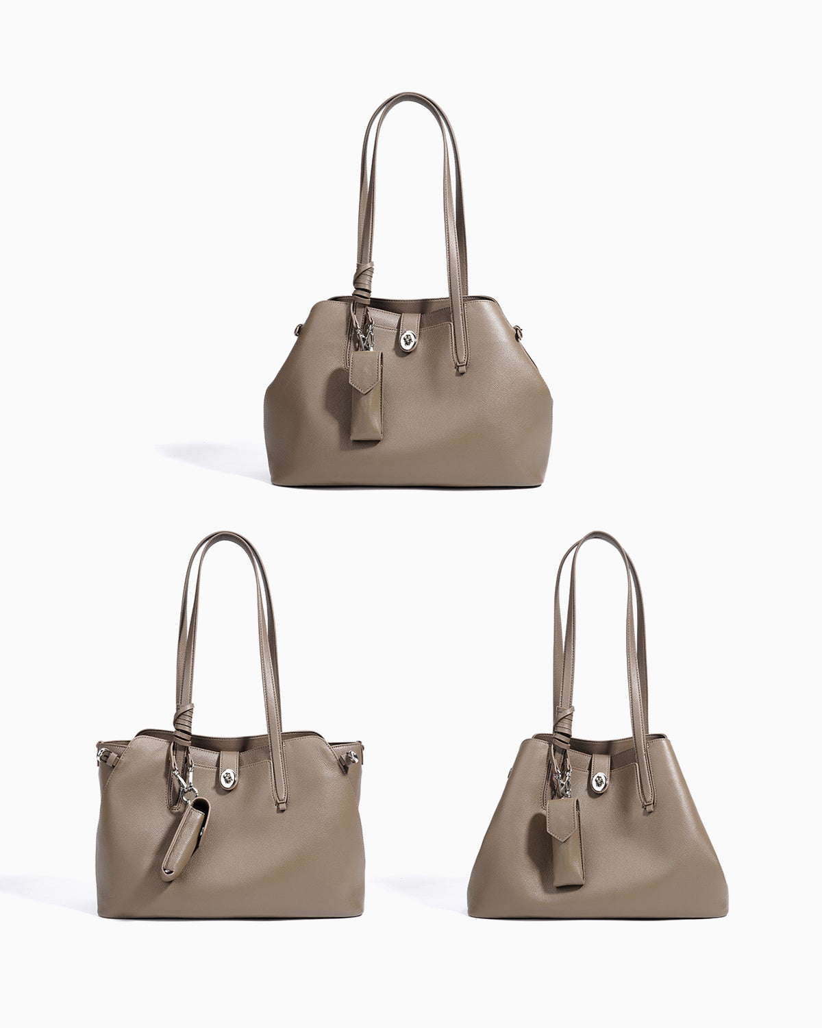 Folding Options of the Elegant Genuine Leather Beige Gray Bucket Tote Bag with Spacious Interior and Detachable Leather Lipstick Pouch