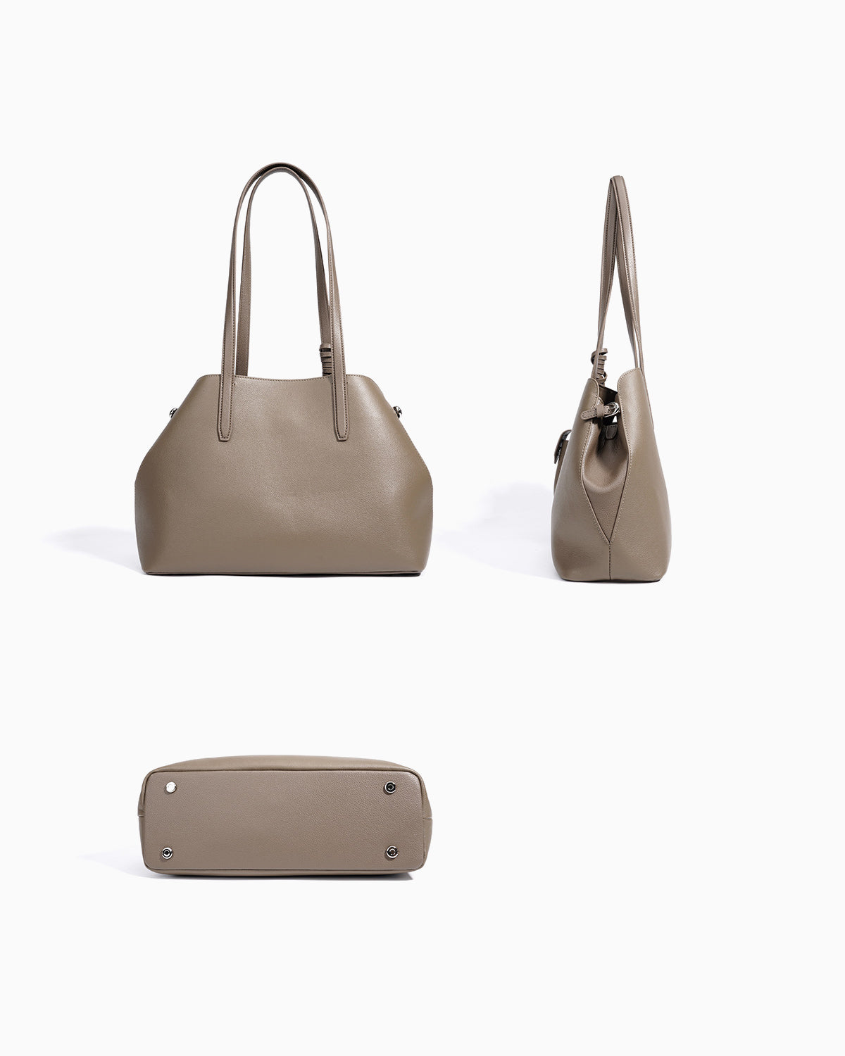 Back, side, and bottom views of the Genuine Leather Beige Gray Tote Bucket Bag with Spacious Interior and Detachable Leather Lipstick Pouch