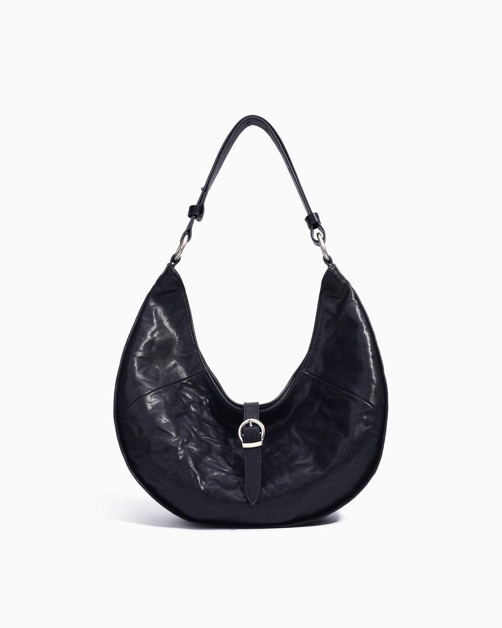 Genuine Top-Grain Cowhide Leather Dumpling Bag with Adjustable Strap & Buckle Accent, Black color