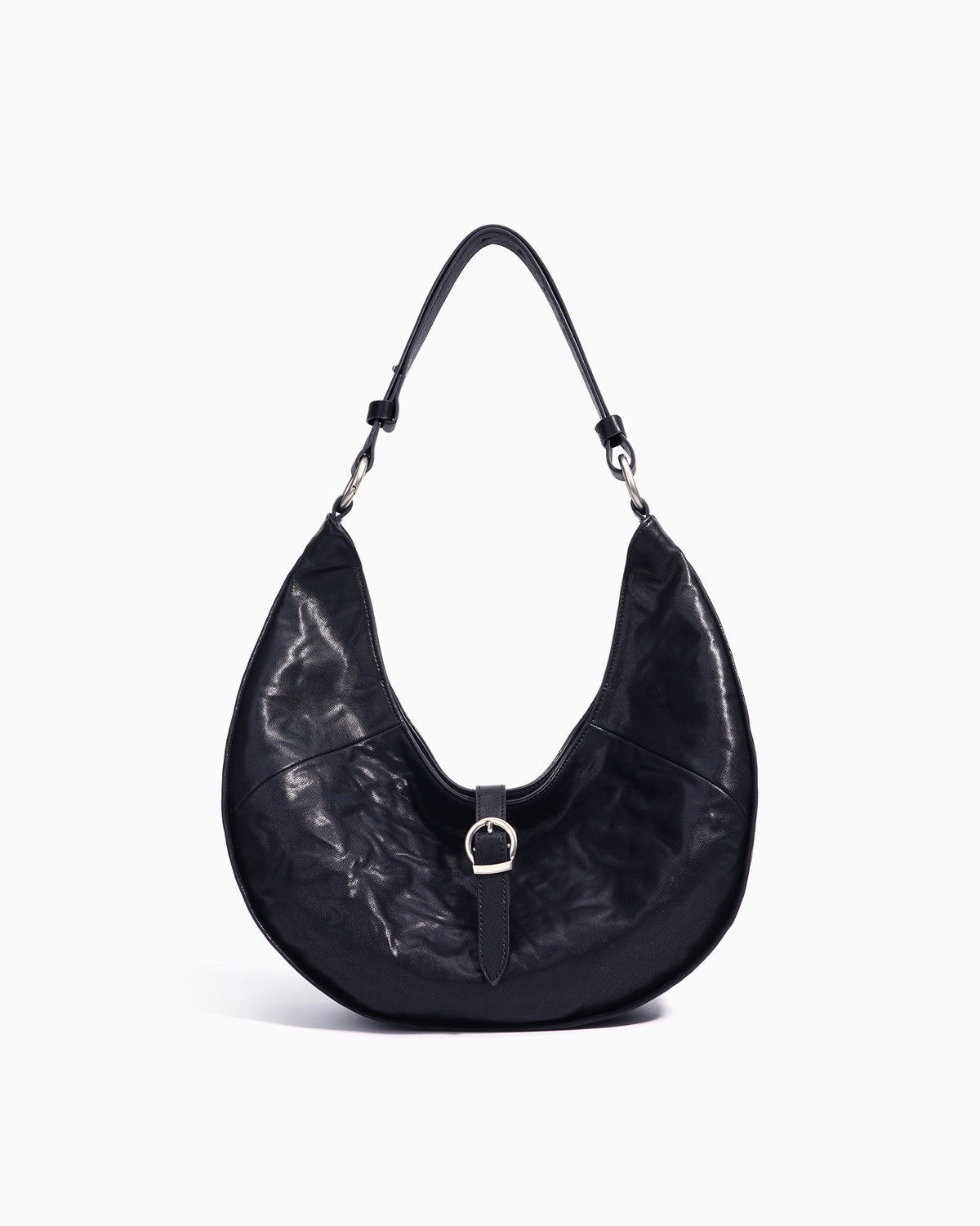 Genuine Top-Grain Cowhide Leather Dumpling Bag with Adjustable Strap & Buckle Accent, Black color