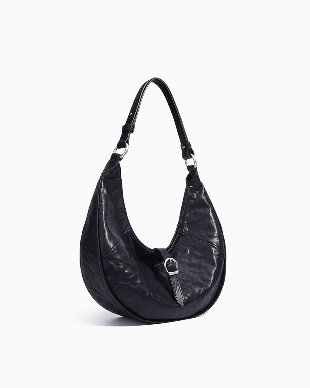 Side View on the Genuine Top-Grain Cowhide Leather Dumpling Bag with Adjustable Strap & Buckle Accent, Black color