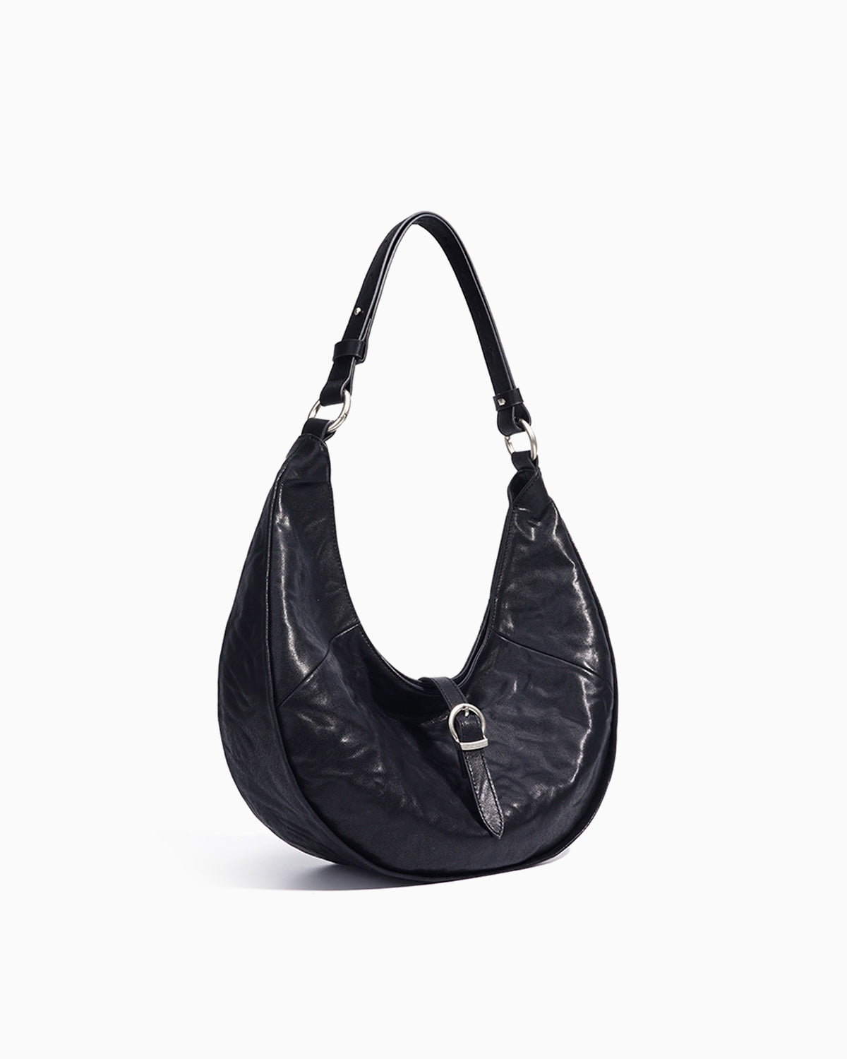 Side View on the Genuine Top-Grain Cowhide Leather Dumpling Bag with Adjustable Strap & Buckle Accent, Black color