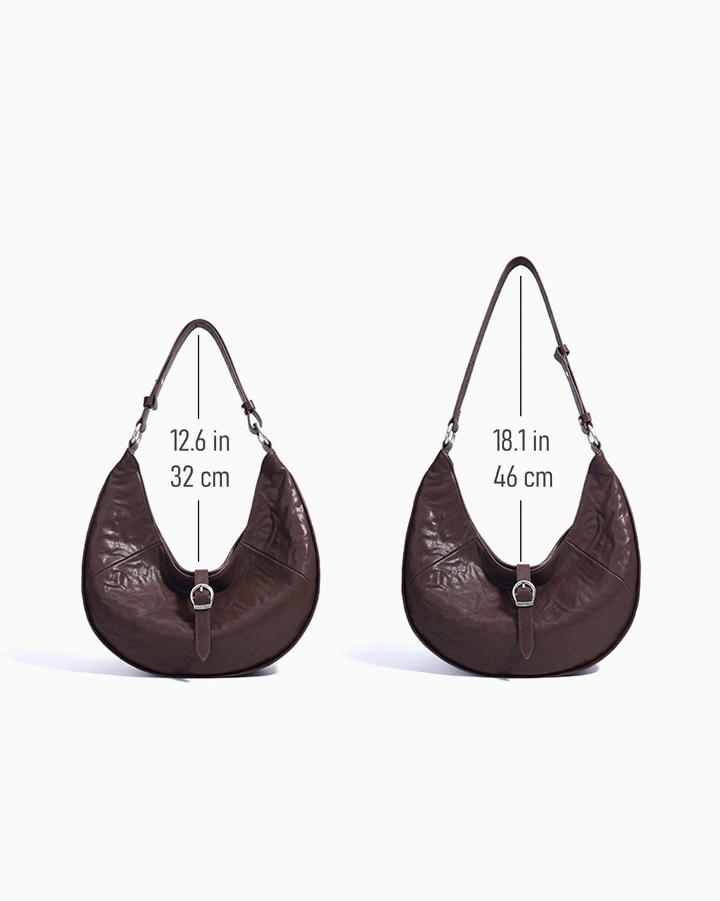 Adjustable strap details of the Genuine Top-Grain Cowhide Leather Dumpling Bag with Adjustable Strap & Buckle Accent, Coffee color