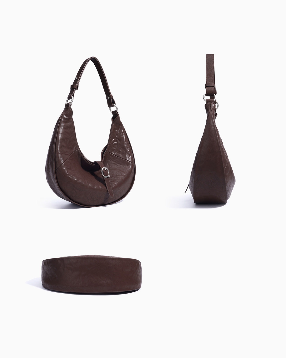 Front, side, and bottom view of the  the Genuine Top-Grain Cowhide Leather Dumpling Bag with Adjustable Strap & Buckle Accent