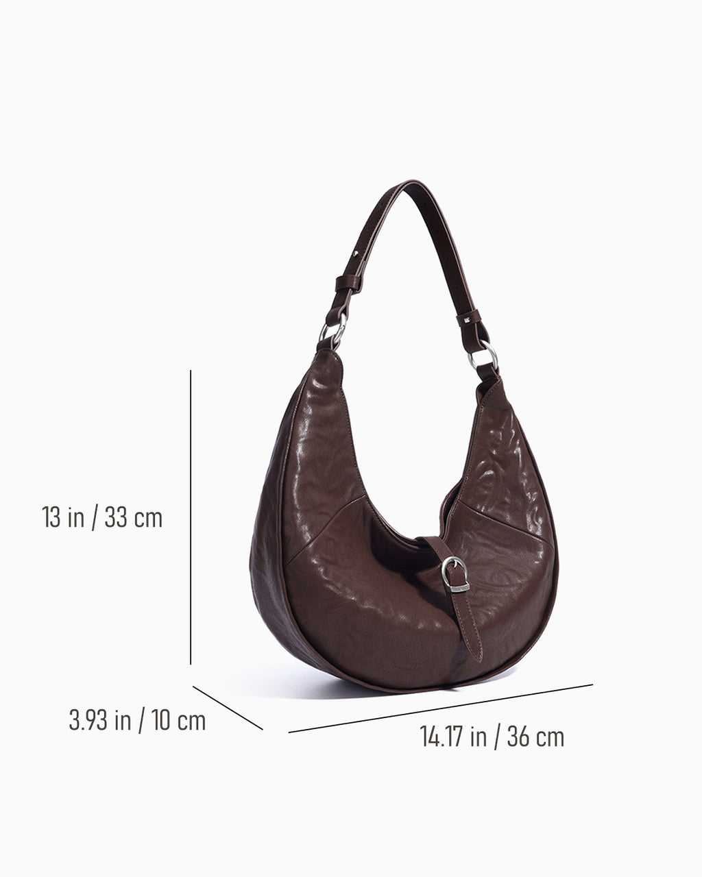 Dimension details of the Genuine Top-Grain Cowhide Leather Dumpling Bag with Adjustable Strap & Buckle Accent, Coffee color