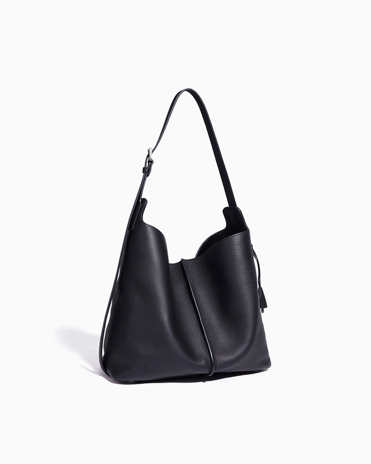 Black Genuine Leather Tote Bag with an Adjustable Strap and Inner Pouch