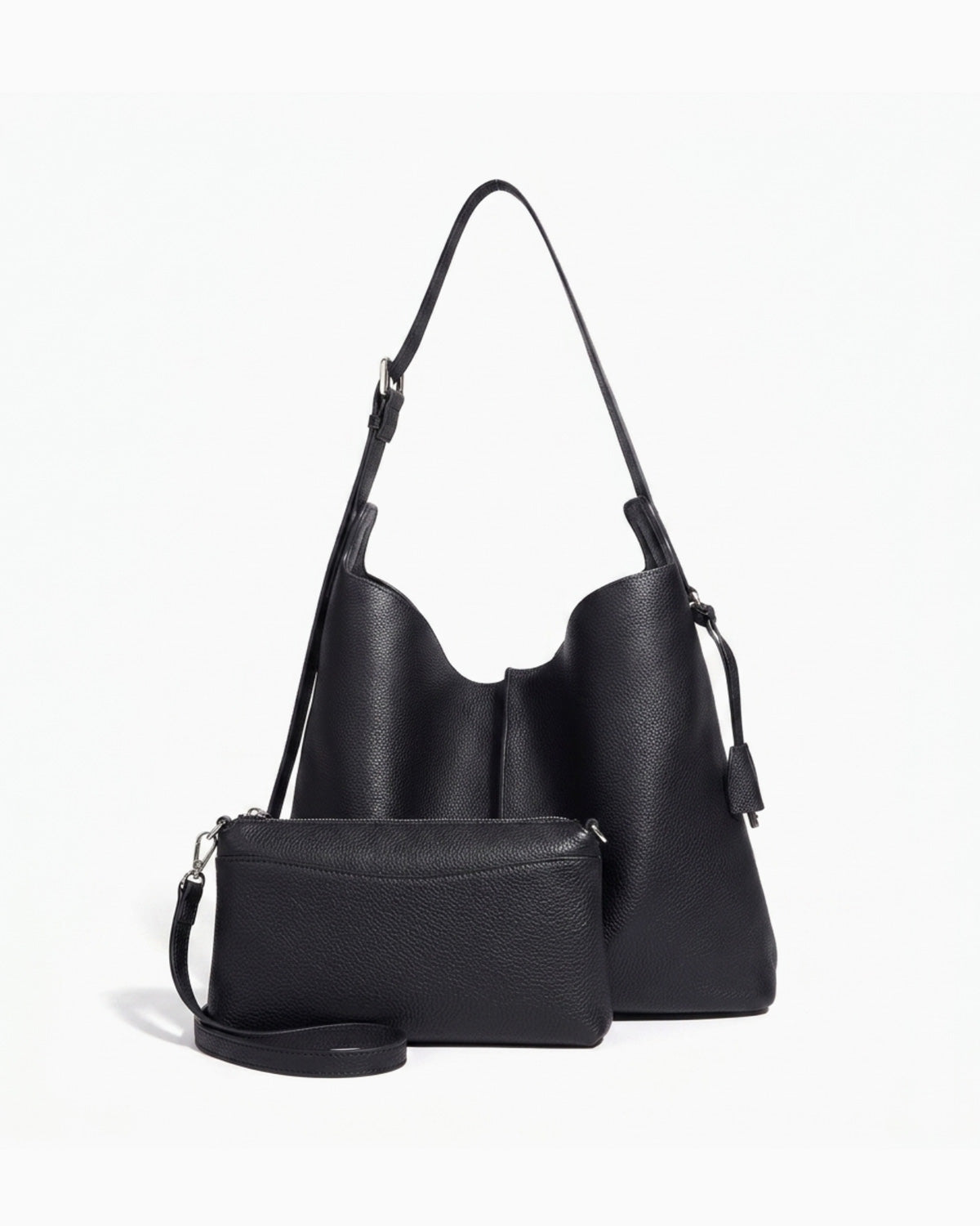 Black Genuine Leather Tote Bag with Adjustable Strap & Inner Pouch