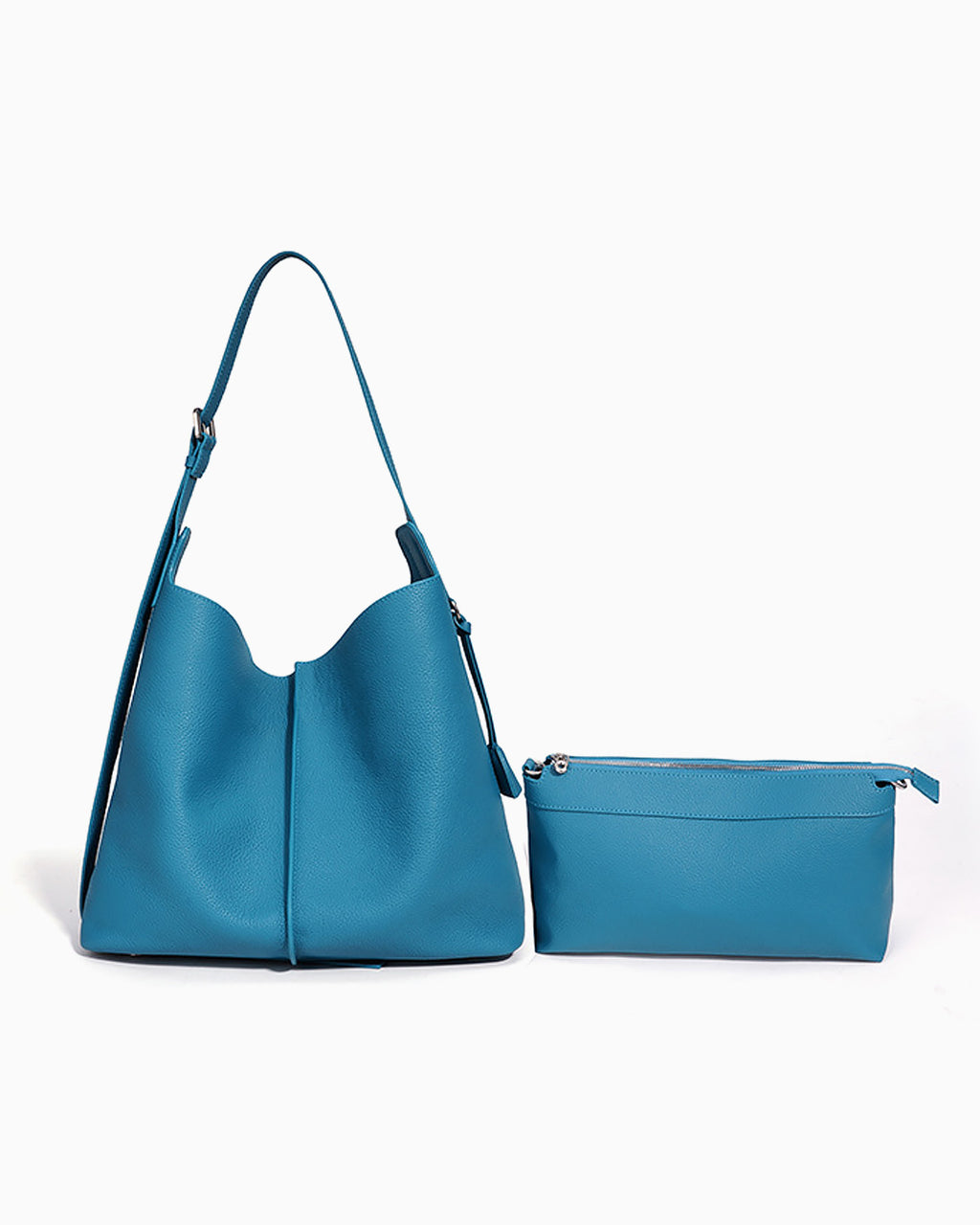 Blue Genuine Leather Tote Bag with an Adjustable Strap and Inner Pouch