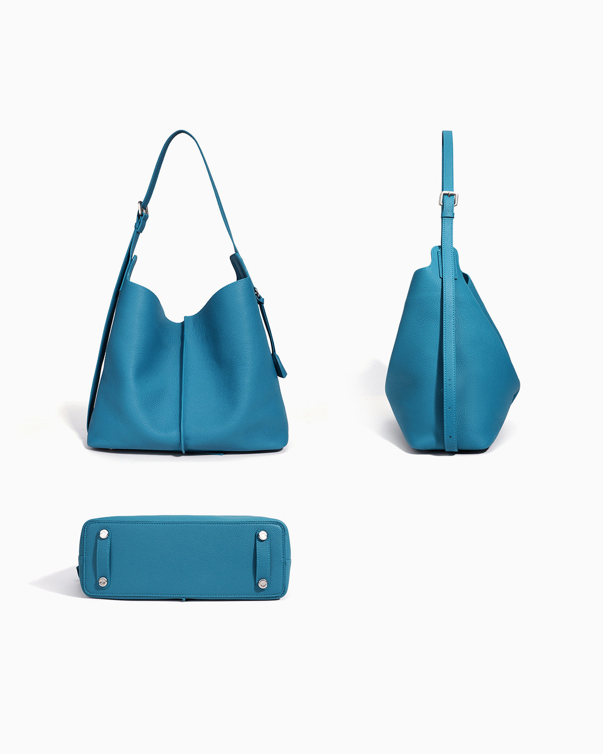 Front, side, and bottom views of the  Genuine Leather Tote Bag with an Adjustable Strap and Inner Pouch