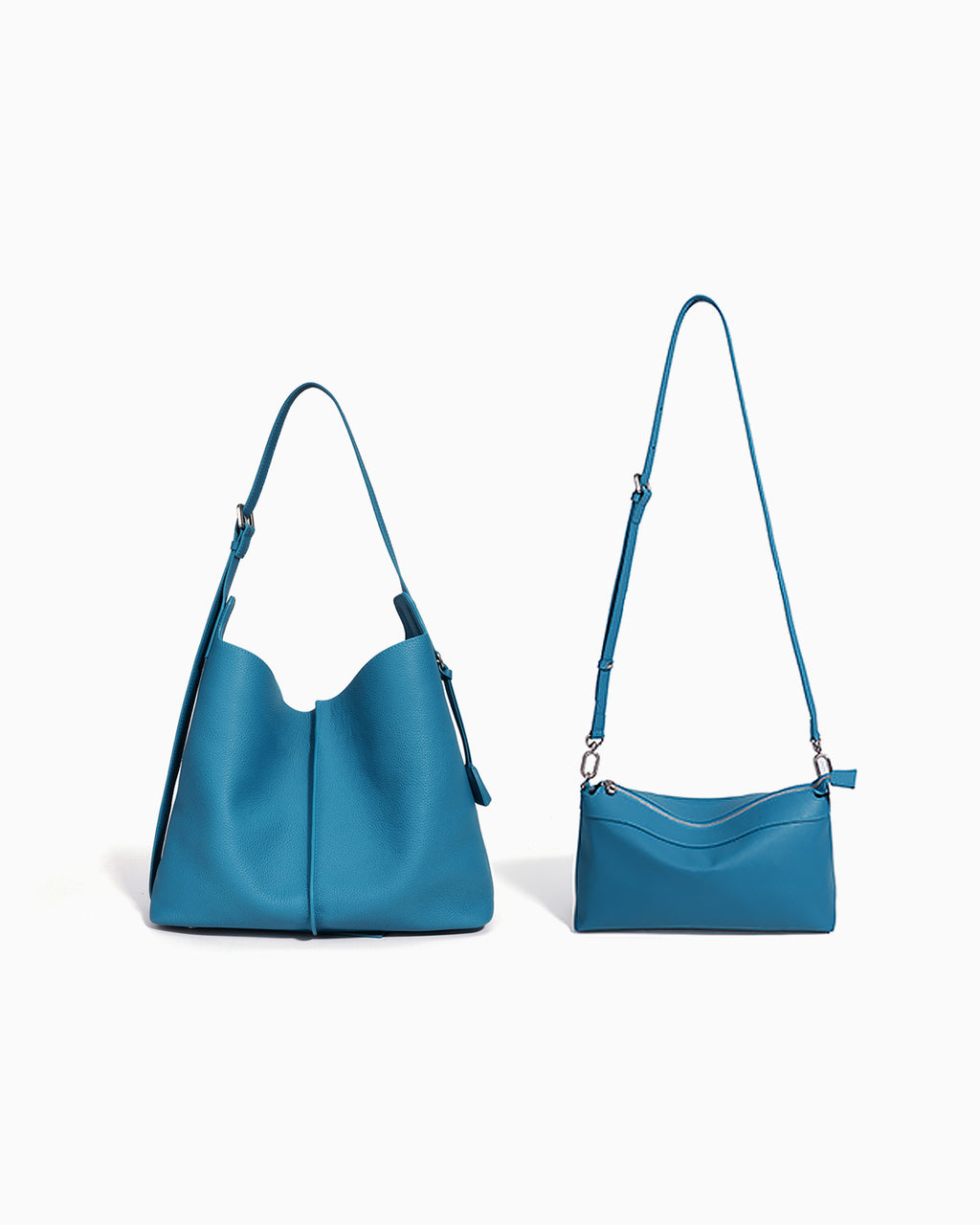 Blue Genuine Leather Tote Bag with an Adjustable Strap and Inner Pouch with strap