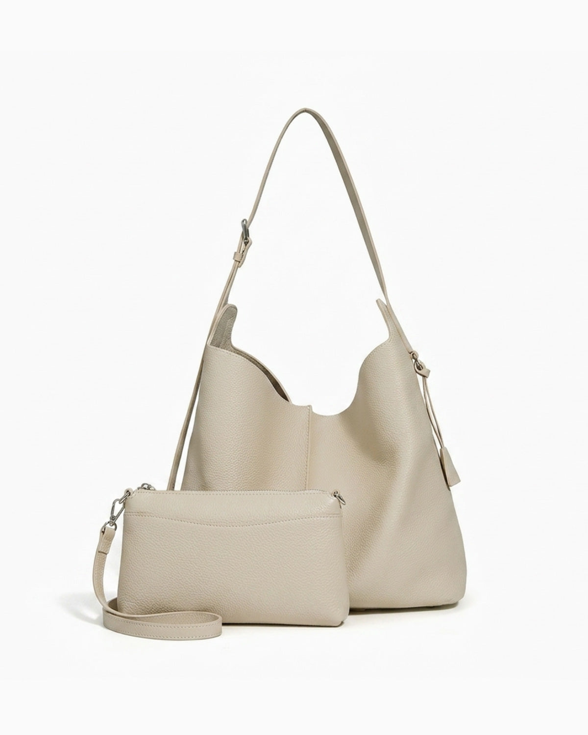 Off-White Genuine Leather Tote Bag with an Adjustable Strap and Inner Pouch