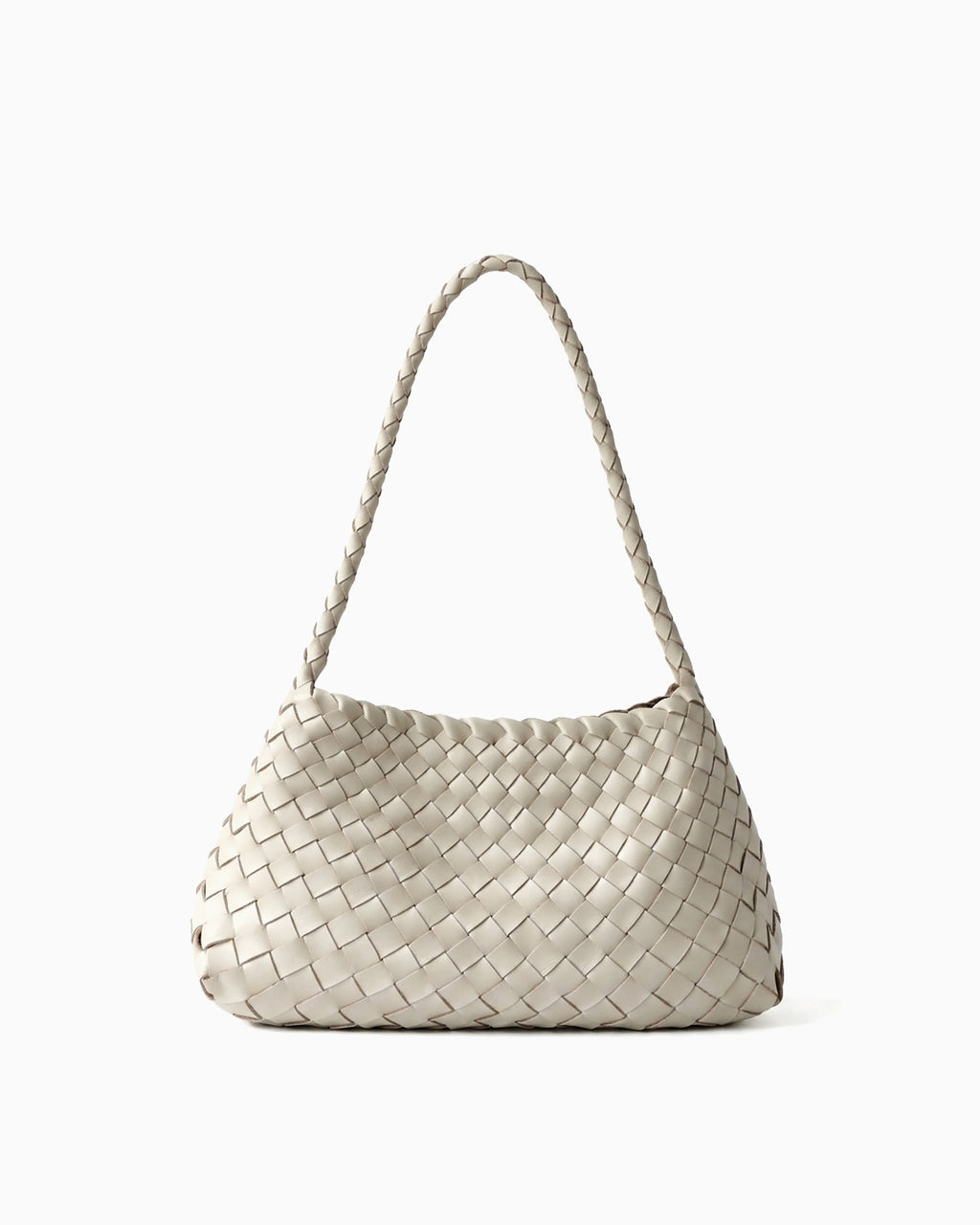 A woven genuine buffalo leather shoulder bag in an off-white color, featuring a braided top handle and a structured, slouchy silhouette