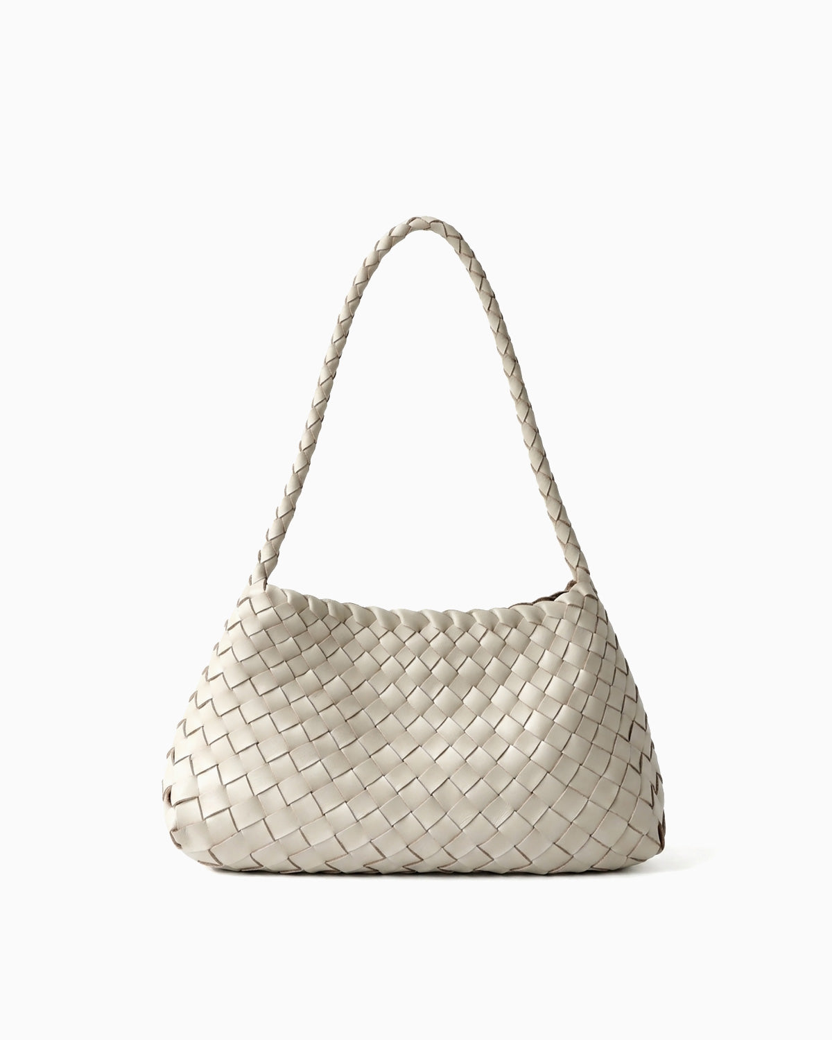 A woven genuine buffalo leather shoulder bag in an off-white color, featuring a braided top handle and a structured, slouchy silhouette