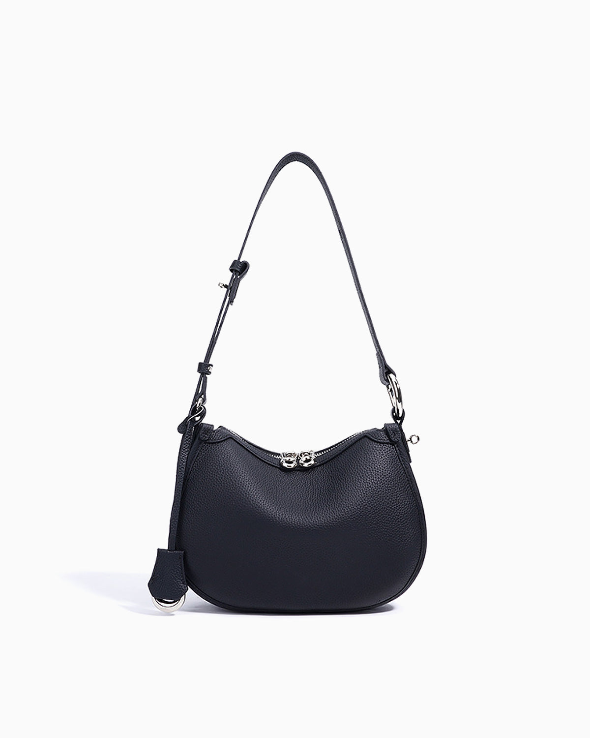 Black Genuine Leather Crescent Shoulder Bag with Adjustable Strap