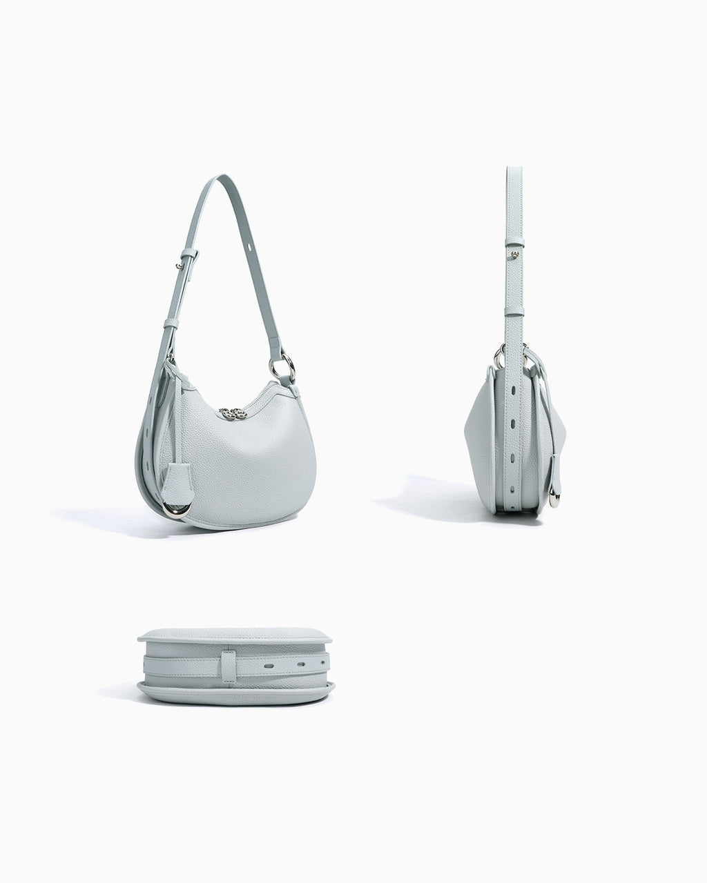 Front, side, and bottom views of the Genuine Leather Crescent Shoulder Bag with Adjustable Strap