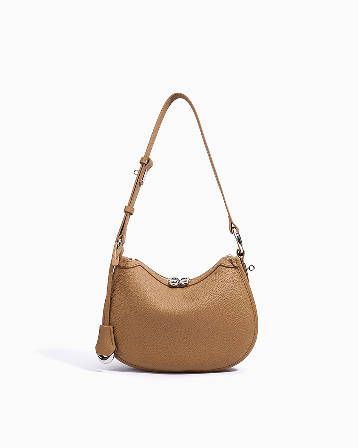 Genuine Leather Crescent Shoulder Bag with Adjustable Strap in Walnut color