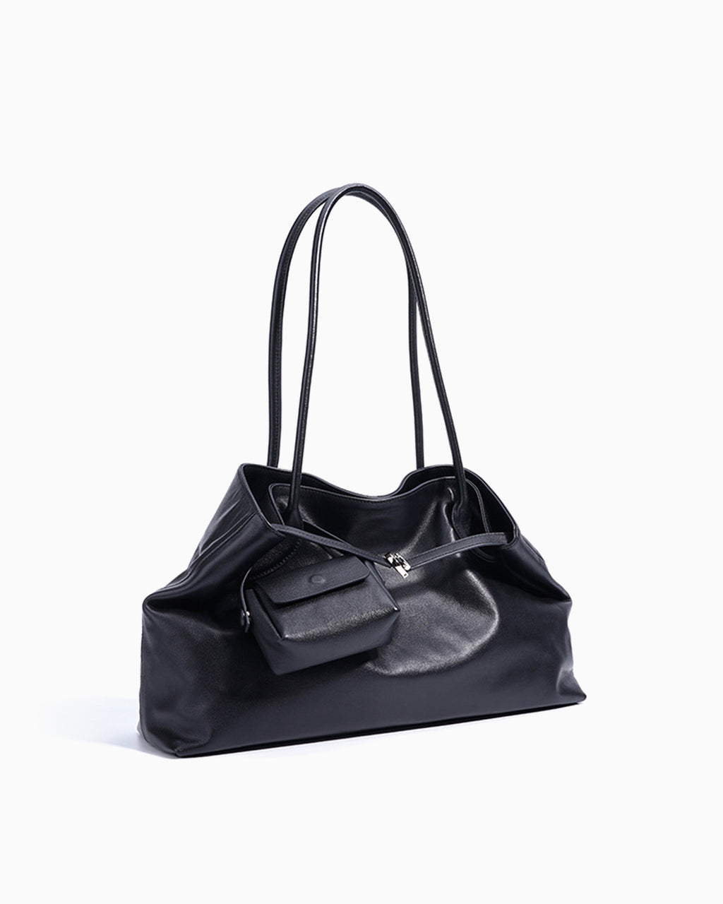 Side view of Women's Versatile Leather Tote Shoulder Bag with Matching Pouch in Black color