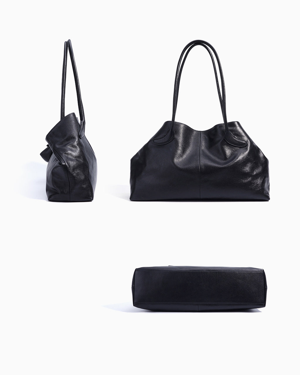 Side and bottom views of Women's Versatile Genuine Cowhide Leather Tote Shoulder Bag with Matching Pouch, Black color