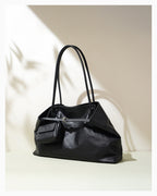 Women's Versatile Leather Tote Shoulder Bag with Matching Pouch, Black