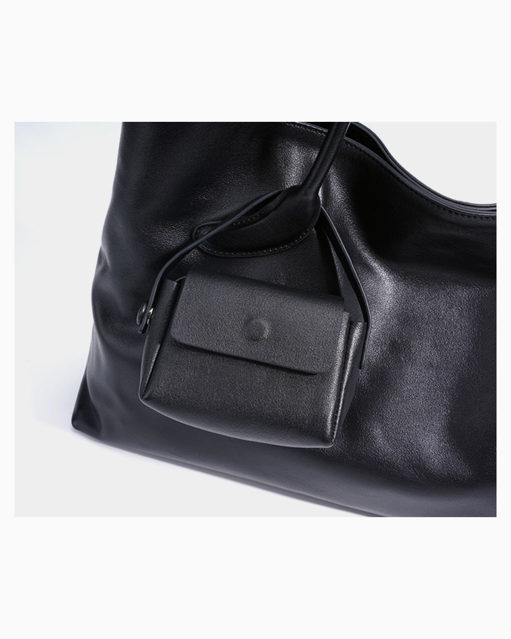 Pouch detail of Black Genuine Leather Tote Shoulder Bag