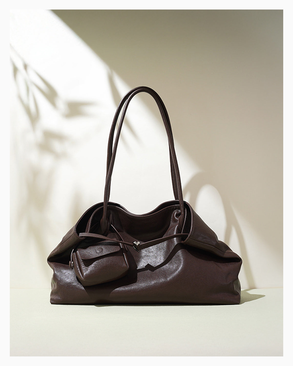 Women's Versatile Leather Tote Shoulder Bag with Matching Pouch, Brown