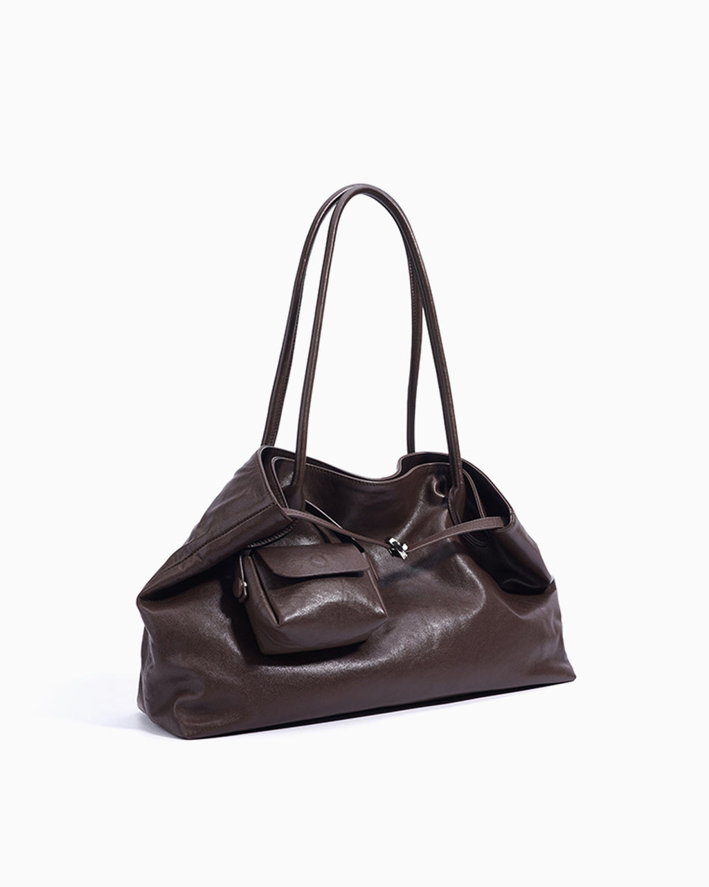 Side view of Women's Versatile & Stylish Genuine Leather Tote Shoulder Bag with Matching Pouch, Brown color
