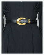 Women's Genuine Leather Belt with Gold Oval Buckle and Loop