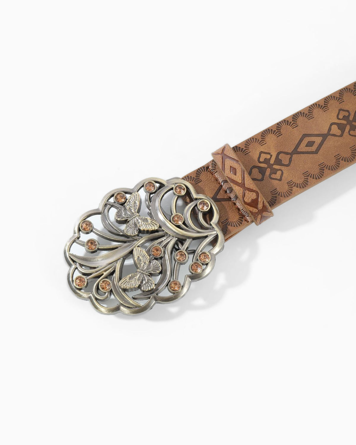 Women's Statement Brown Belt with Butterfly Motifs and Amber Gems