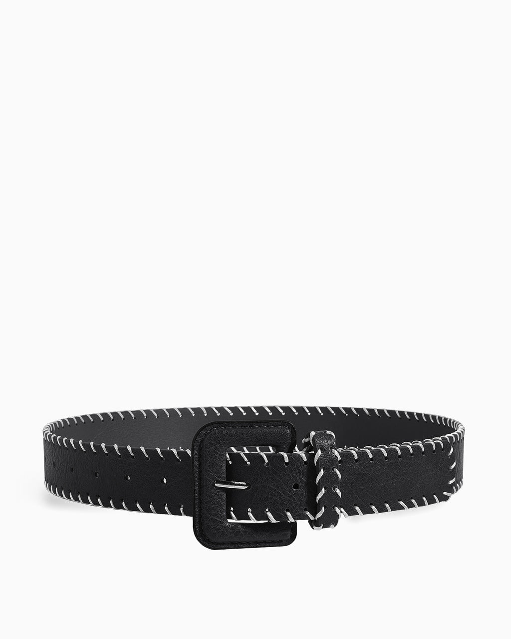 Women's Decorative Contrast-Stitch Black Belt with Oversized Rectangular Buckle