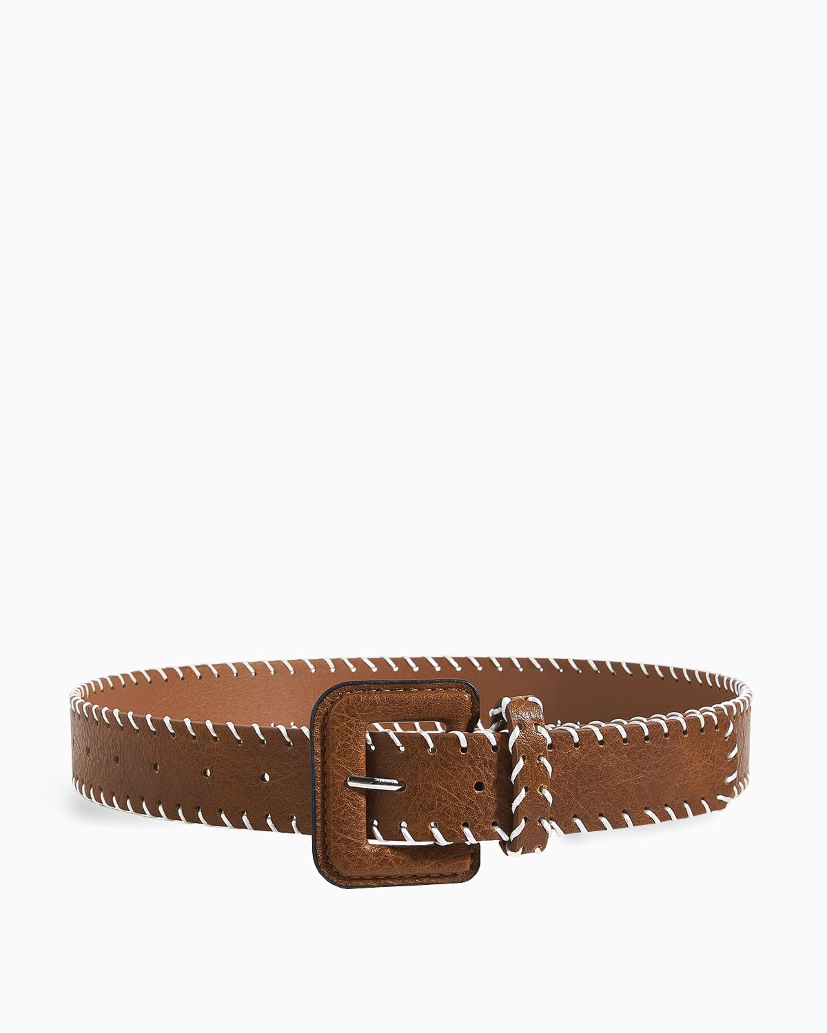 Women's Decorative Contrast-Stitch Brown Belt with Oversized Rectangular Buckle
