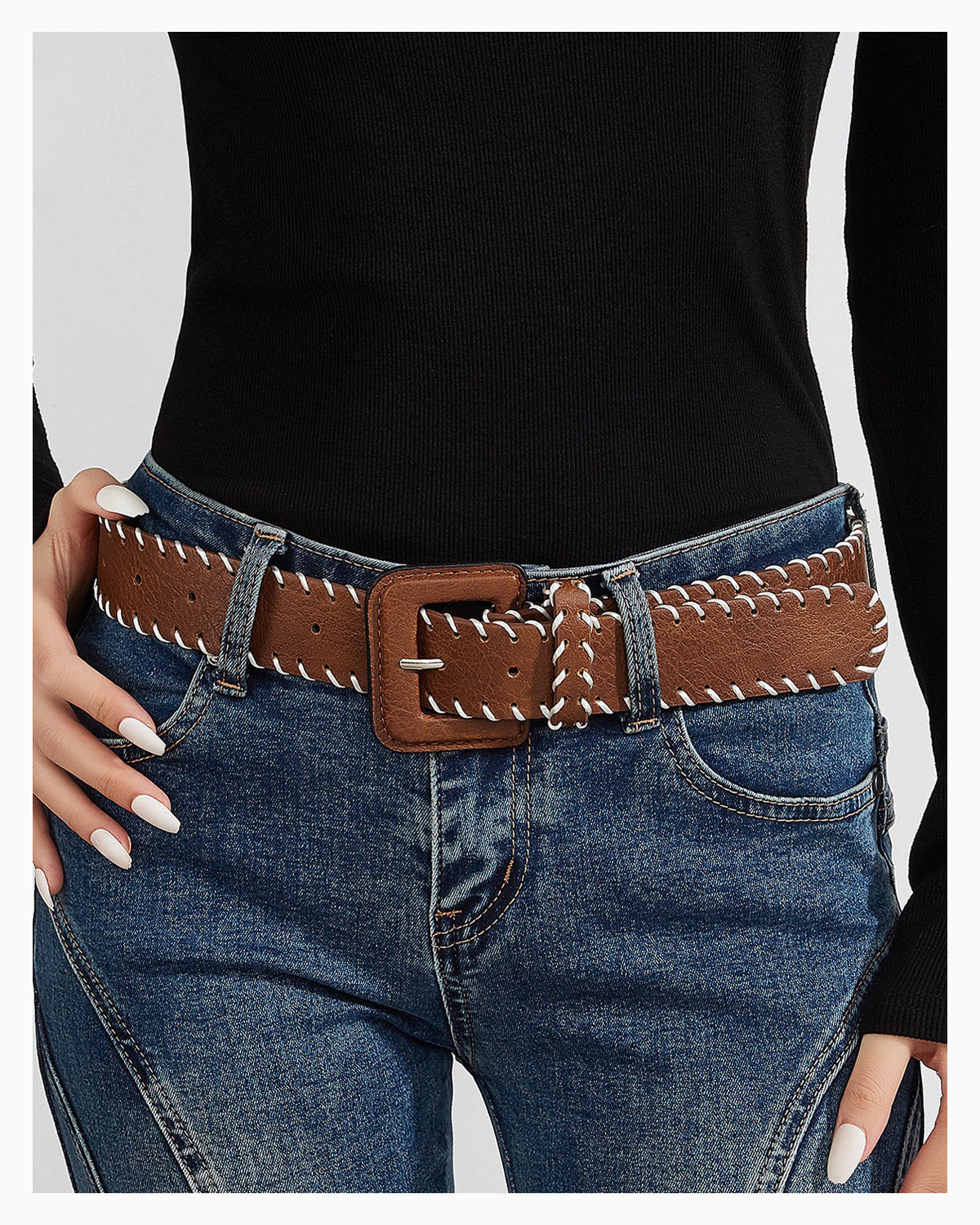 Women's Decorative Contrast-Stitch Brown Belt with Oversized Rectangular Buckle