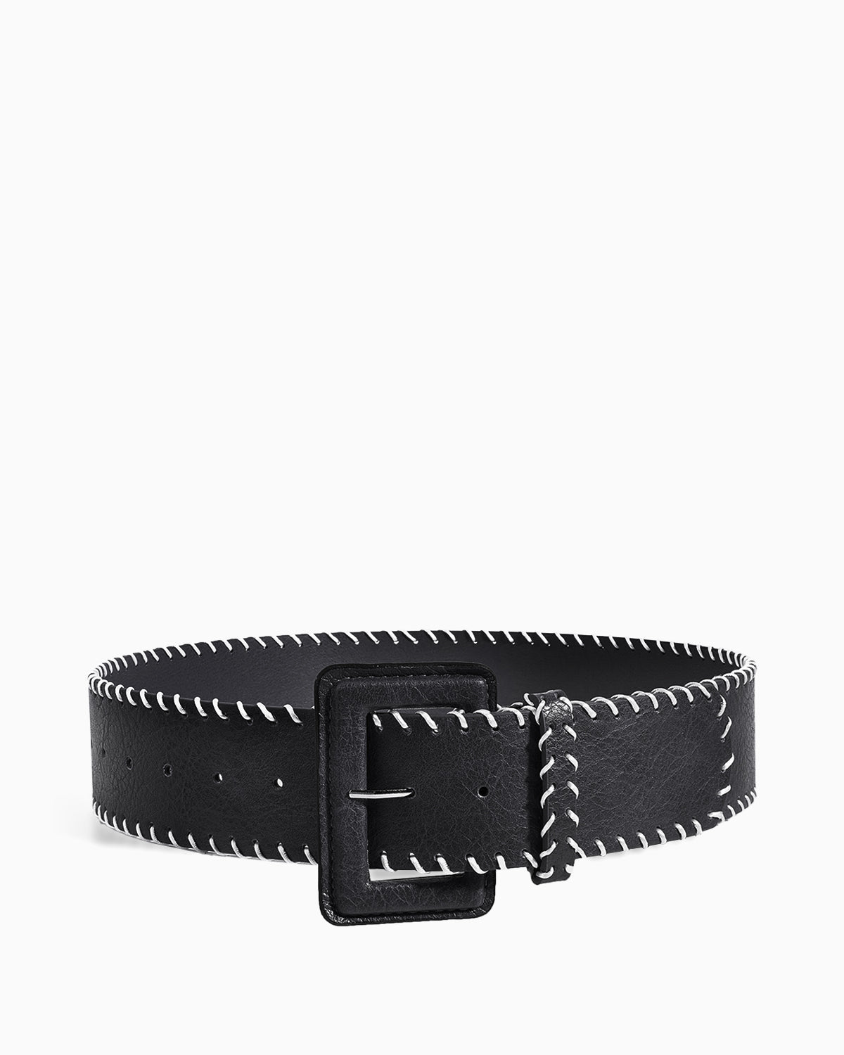 Women's Decorative Contrast-Stitch Black Belt with Oversized Rectangular Buckle
