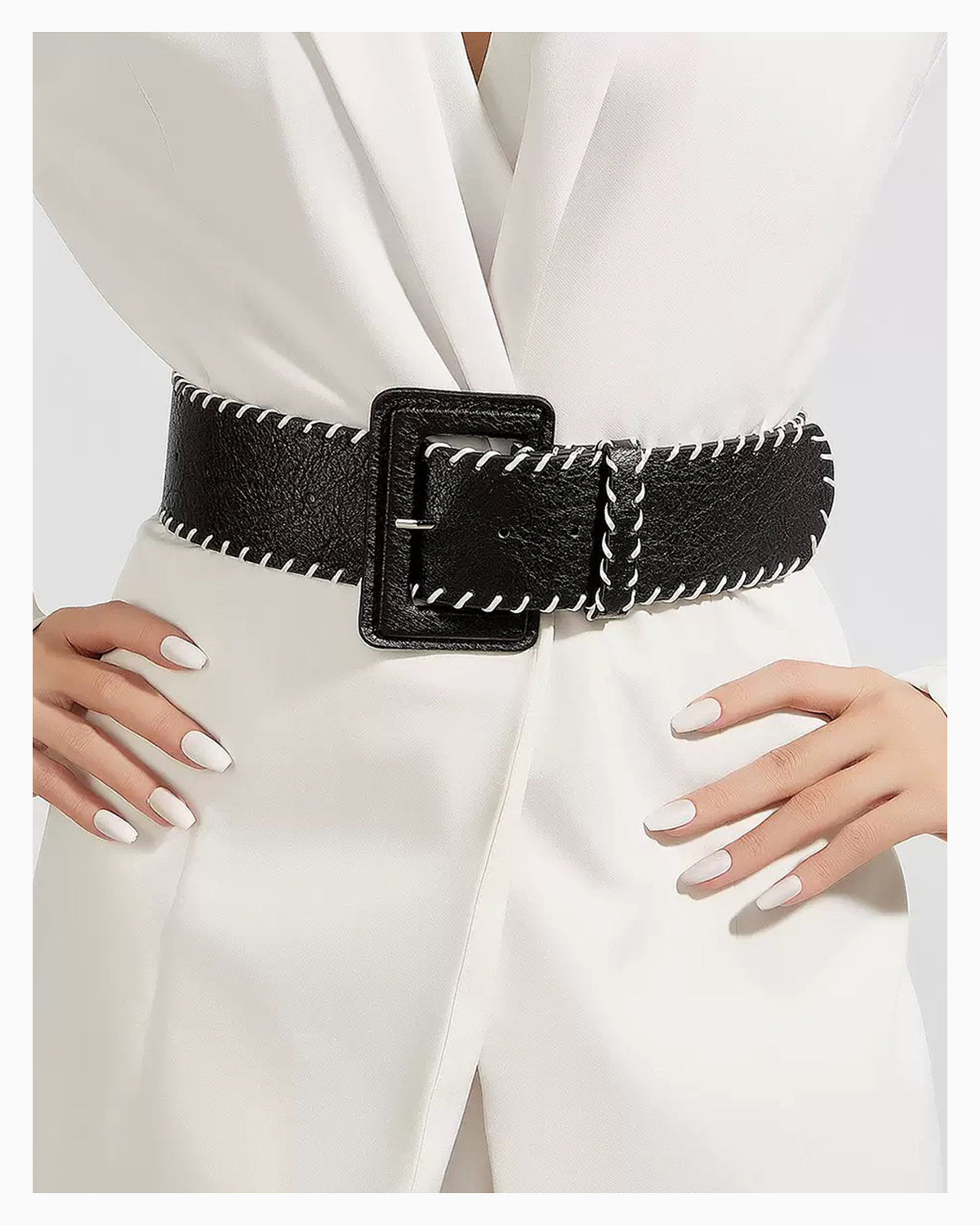 Women's Decorative Contrast-Stitch Black Belt with Oversized Rectangular Buckle