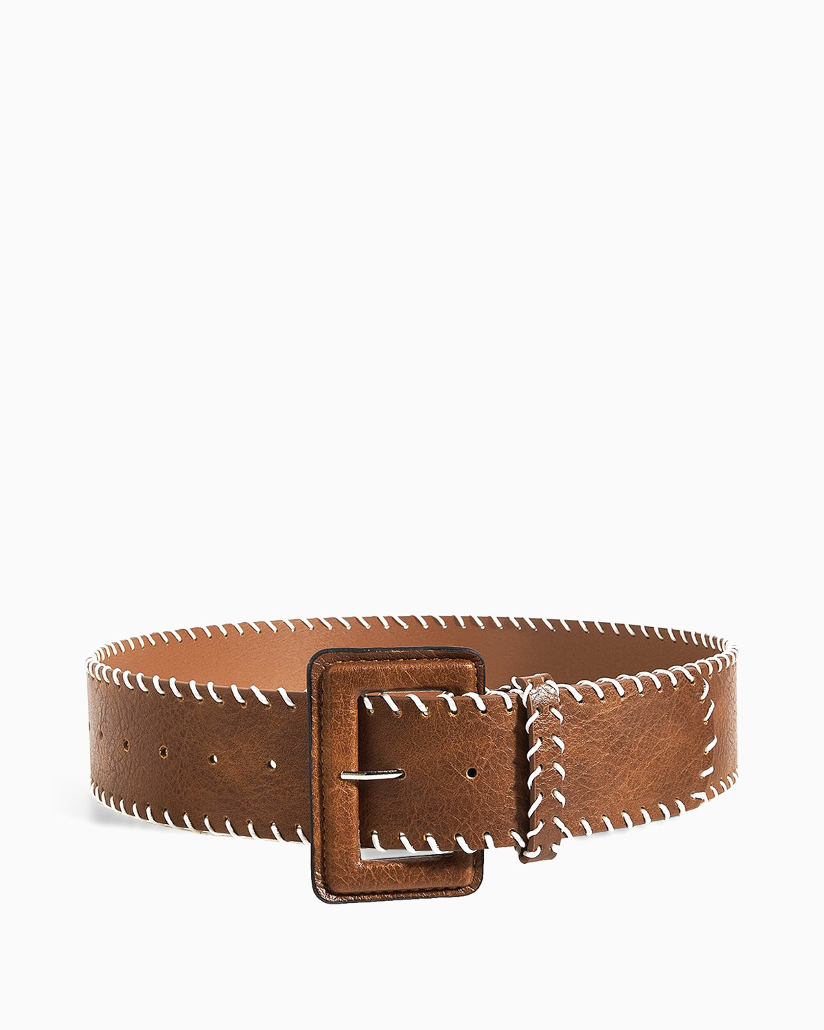 Women's Decorative Contrast-Stitch Brown Belt with Oversized Rectangular Buckle