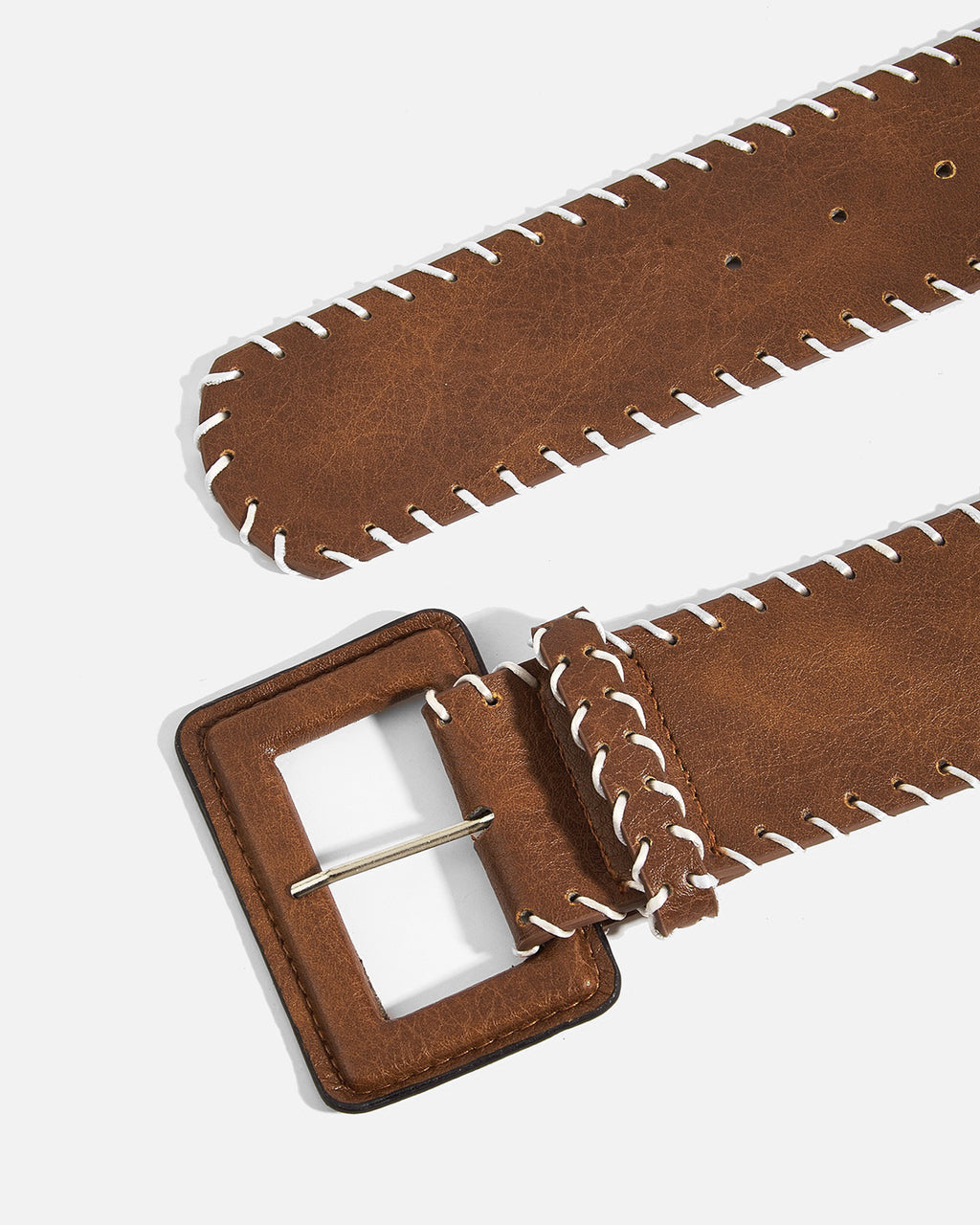 Women's Decorative Contrast-Stitch Brown Belt with Oversized Rectangular Buckle