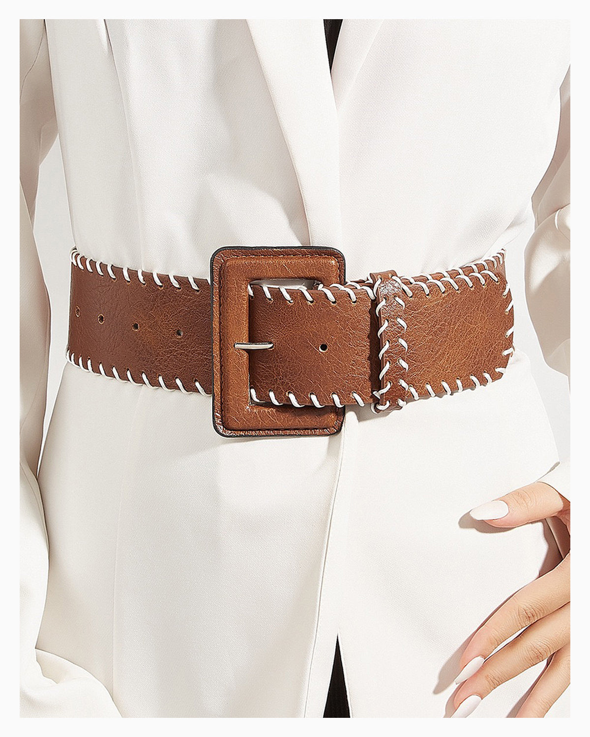 Women's Decorative Contrast-Stitch Brown Belt with Oversized Rectangular Buckle