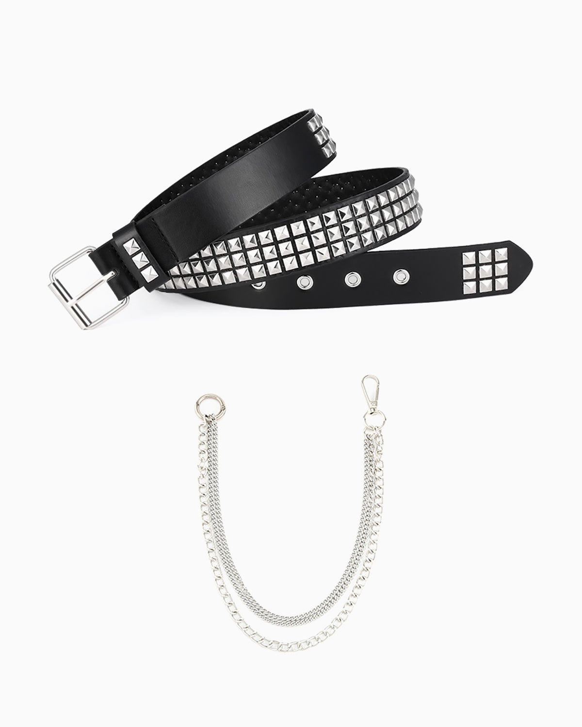 Unisex Punk Black Belt with Silver Studs and Chains