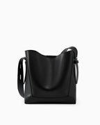 Women's Genuine Leather Minimalist Versatile Structured Bucket Bag, Stylish and Spacious, Black Color