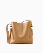Women's Genuine Leather Minimalist Versatile Structured Bucket Bag, Stylish and Spacious, Caramel Color