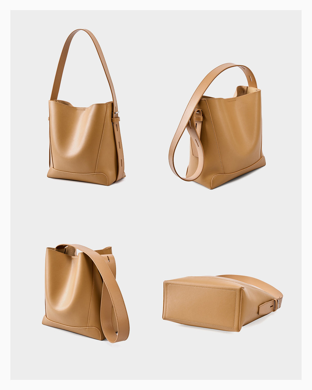 Side and Bottom Views of the Women's Versatile Structured Genuine Leather Bucket Bag