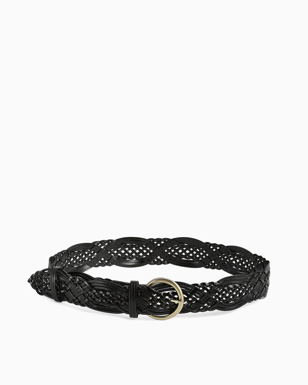 Women's black braided leather belt with a textured woven pattern and a prominent gold-tone oval buckle | BUCKLE Collective