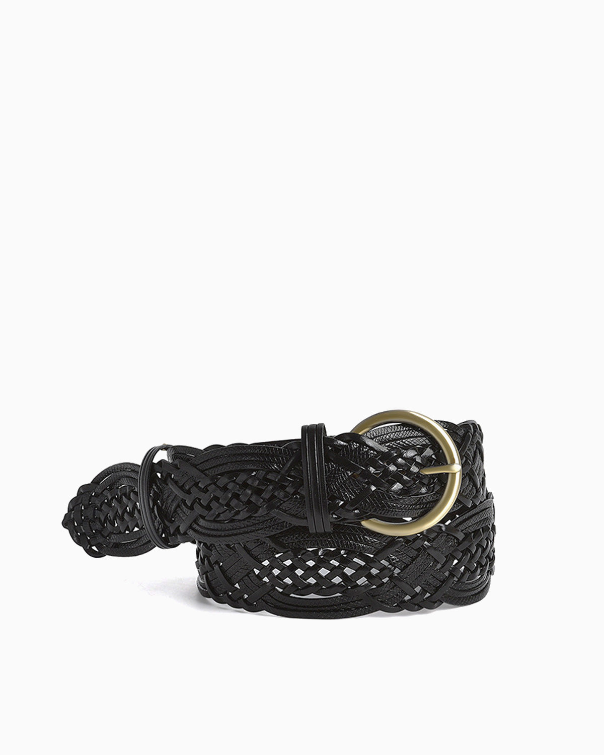 Women's black braided leather belt with a textured woven pattern and a prominent gold-tone oval buckle | BUCKLE Collective