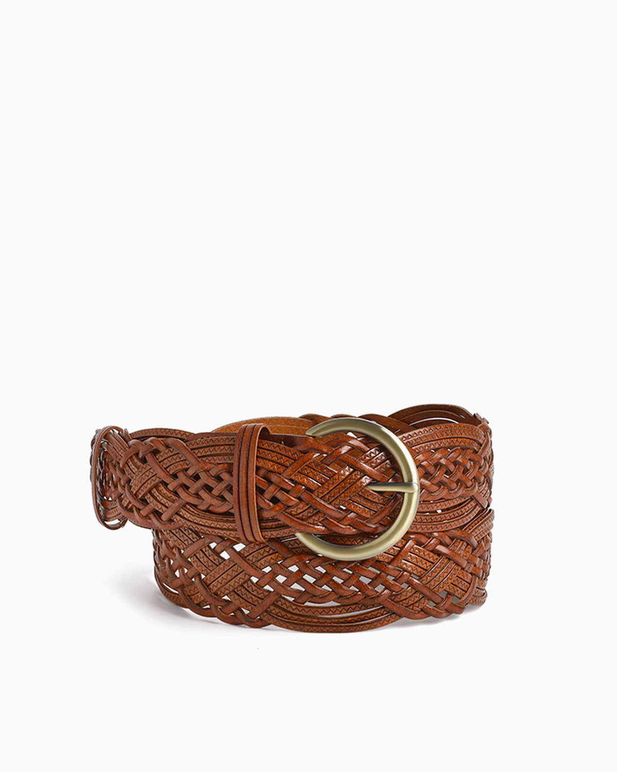 Women's brown braided leather belt with a round gold-toned buckle | BUCKLE Collective