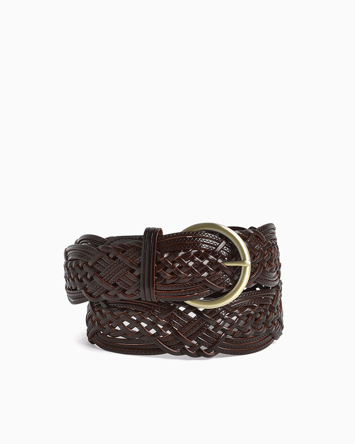 Women's dark brown woven leather belt with a braided pattern and a gold-tone circular metallic buckle | BUCKLE Collective