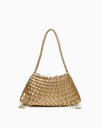 Vegan Leather Woven Shoulder Bag in Champagne Gold Color with Removable Pouch
